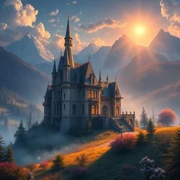 beautiful illustration of chateau in a serene landscape, by albert bierstadt, magic realism, narrative realism, beautiful matte painting, heavenly lighting, retrowave, 4 k hd wallpaper