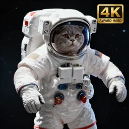 a photo of a grey chubby scottish fold in a helmeted!! astronaut suit doing a spacewalk in space, highly detailed, award winning, 4 k