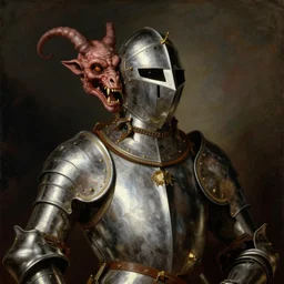 a realistic painting by Raffaello Sanzi depicting the knight in shining armor with the head of the symbiotic Carnage in the Renaissance.