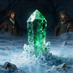 ominous emerald crystal emerging from ice, at night, by frederic church, by kent monkman, by caspar david friedrich, king's quest, sierra games