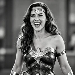gal gadot as she crinkles her nose while laughing, dressed as wonder woman, photorealistic, black and white photography, hdr color, hyperreal