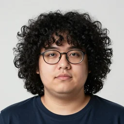 a chubby man with glasses and shoulder length incredibly curly!!!!!!!! black hair