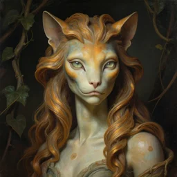 detailed portrait in femininity, regal alien, feline, realistic face sculpted features, specular eyes, statuesque model, natural skin, flowing ruffled hair, warm glow, subsurface scattering, avant garde fashion, chiaroscuro, organic impressionism, vine backdrop, deep rich color, digital illustration