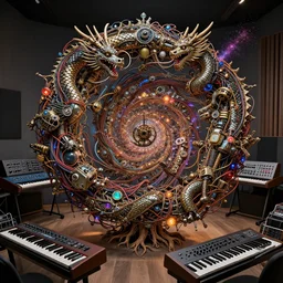 a complex photo real music studio with keyboards and modular synthesizers, a sacred mandelbulb mandala spiral made of dragons made of complex biomechanical vintage machinery and old robot parts with intertwining cables made of old tree roots and glowing gemstones and synthesizer parts by ellen jewett, by donato giancola, by amanda sage, by beeple, particle effects, intricate detail, trending on cgsociety, trending on artstation, 8 k 3 d, high definition, jpeg artifacts, f / 1 6 lens