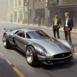 street scene, retro futuristic concept car, low profile tires, detailed chrome trim, jodhpurs greg manchess painting by sargent and leyendecker, cyberpunk 2 0 7 7 concept intricate elegant illustration forza, by greg rutkowski by greg tocchini by james gilleard