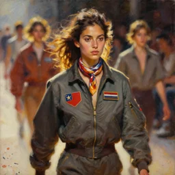 portrait in daring femininity, ethnic, determined face, flight suit w scarf, warm glow, runway bathed in light, speed, captured memory, motion impressionism, radiosity, terrazzo, pj crook, michael garmash, livia prima, nick alm, casey baugh, deep color, oil on canvas