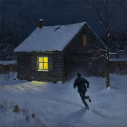 snowy dark night scene depicting a house with one bright window and a man running away from it. oil painting.