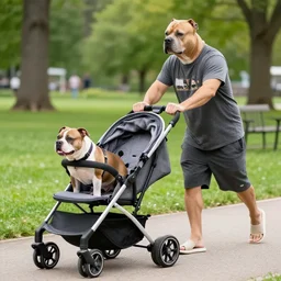pitbull standing pushing a stroller with another pitbull in it at the park