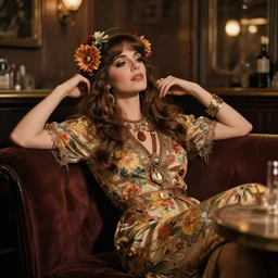 sophisticated Sasha Grey as a 1960s flower hippie relaxing in a smokey Paris tavern, elegant, highly detailed, shallow depth of field, concept art, Artstation, Artgerm, Donato Giancola, Joseph Christian Leyendecker
