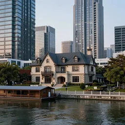 tudor style detached house surrounded by skyscrapers, a river flowing through the scene, boathouse in the foreground, architecture photography, landscape photography, dusk