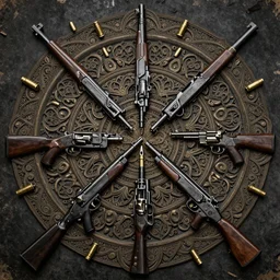 symmetrical mandala pattern of machine guns shotguns rifles revolvers bullets, dark vintage paperback cover, ultra-realistic, intricate fluid details,