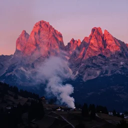 1 9 2 0 s color spirit photography 9 1 1 1 2 1 of alpine red sunrise in the dolomites, smoke from mountains, smoke, by william hope, beautiful, dreamy, grainy