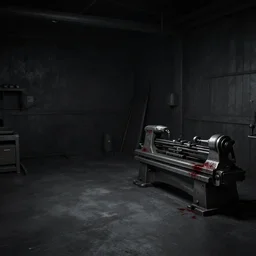 dark tone game cg, inside a big dark empty work shop, a lathe with blood stains in the corner alone on the right side for processing parts. artstation trending, unreal engine, hyperdetailed, 4 k