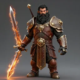 strong young man, photorealistic bugbear ranger, black beard, dungeons and dragons, pathfinder, roleplaying game art, hunters gear, flaming sword, jeweled ornate leather and steel armour, concept art, character design on white background, by studio ghibli, makoto shinkai, kim jung giu, poster art, game art