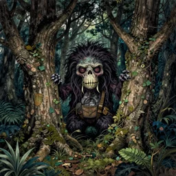 wide angle flash photo of a creepy anthropomorphic creature hiding behind trees in a magic forest by Gustave Doré and Ernst Haeckel