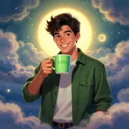 portrait of a ( ( ( una taza de cafe grande y verde ) ) ), ( ( futuro hermoso joven caliente latino macho alegre ) ), lleno de nubes y magia, el sol, concept character, by greg rutowski and tezuka and oi and mucha and bierstadt and remington, trending on artstation