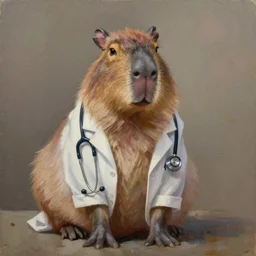 oil painting of a doctor capybara wearing a lab coat with a stethoscope around his neck