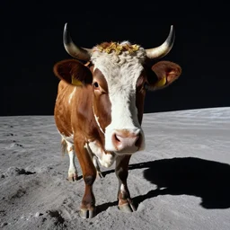 wide angle view, colored photo of a cow on the moon, wearing golden circlet on its head, photorealistic, detailed, 8 k