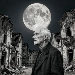 old white - headed man under the huge moon on a street of ruined city by beksinski and takato yamamoto, very coherent, baroque elements
