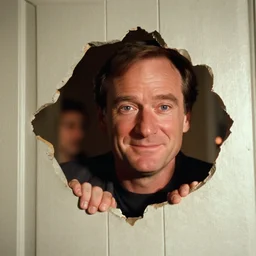 Robin Williams as Jack Torrance peaking through hole in door in The Shining 1980