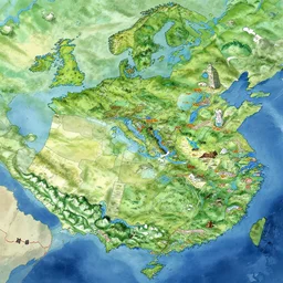 map of a realm with many biomes, illustration by makoto shinkai and moebius and jean giraud