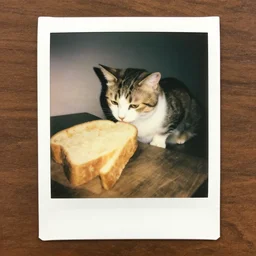 polaroid of cat guarding bread