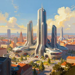 brandeburg Germany, futuristic digital painting, concept art, skyline in back, in the style of Ralph Mcquarrie, warm lighting, trending on artstation, high detail, sci fi, bright colours, vivid colours
