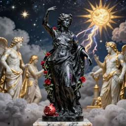 tilt shift, italian masterpiece from behind, Ashford Black Marble sculpture, baroque, beautiful, gracious, pagans, marble and gold, space, stars, clouds, sun, greeks, fruits, bioluminescent skin, pomegranade, Thunder, render, artstation, draped with red flowers and vines, ultra detailed