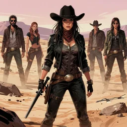 a comic noir illustration of a wild western woman hunting in a post - apocalyptic desert, mad max, by queens of the stone age, by sachin teng, by tristan eaton, by victo ngai, artgerm, rhads, ross draws, 8 k, hyperrealistic, high contrast, dark vibes, pastel lighting, depth of field