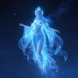 a giant beautiful glowing blue goddess drifting in the night sky, photorealistic