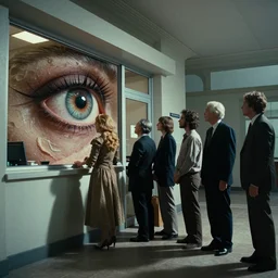 the strange creature from my eye, we ait in line at the bank, film still from the movie directed by denis villeneuve and david cronenberg with art direction by salvador dali and zdzisław beksinski, wide lens