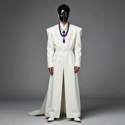 male ulzzang with white leather garment, black porcelain mask, purple jewelry, full shot, fashion photography, by irving penn and storm thorgerson, ren heng