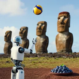a robot playing volleyball while eating blueberries in easter island, cinematic shot