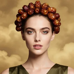 close - up portrait of beautiful female face supermodel portrait wearing olive dress and crown made of weet fruit called dates by amy leibowitz, wlop, jeremy lipkin, beeple, intricate, artgerm, ilya kuvshinov, golden clouds background