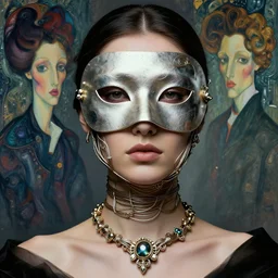 a beautiful futuristic portrait with a mask inspired by nylh twisted around her face, necklace made by wires, design by leonardo davinci, inspired by egon schiele, modern art, baroque art jewelry, new classic, hyper realistic, cinematic composition, cinematic lighting, fashion design, concept art, hdri, 4 k -