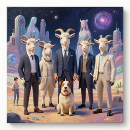 a painting of very well dressed goats, a dog that is sitting down with a space background, a person standing on a beach, cyberpunk art by android jones and mike beeple winkelmann, eye - candy, ethereal goddesses, crazy architectures, cute animals and magic portals, blender 3 d, trending on cgsociety, 3 d render, rendered in octane