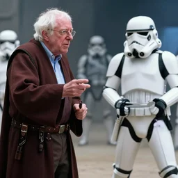 Bernie sanders as a Jedi knight fighting storm troopers
