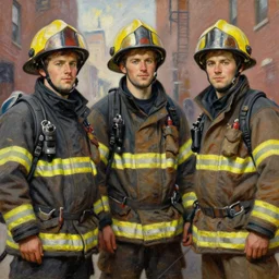 attractive male firefighters of boston, painting by tom of finland, gaston bussiere, craig mullins, j. c. leyendecker, claude monet