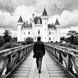 walking on an old wood bridge towards a white castle, swirly clouds in the background, art by James Jean and Wayne Barlowe, high details , black and white ink, cinematic, cgsociety 8k