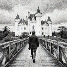 walking on an old wood bridge towards a white castle, swirly clouds in the background, art by James Jean and Wayne Barlowe, high details , black and white ink, cinematic, cgsociety 8k