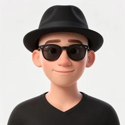 pixar movie still close - up portrait photo of bald white young man wearing a black v - neck shirt, black ray - bans, black fedora, large nose : : sf, facing the camera, smiling, sharp features : : by greg rutkowski, wlop, artgerm, weta, marvel, unreal engine, gq magazine cover : :