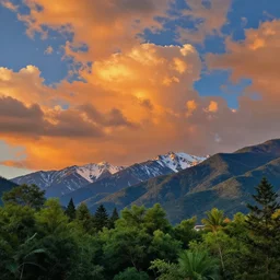 a beautiful fantasy landscape art, orange clouds, blue sky and green trees, snowy mountains, art by bob ross