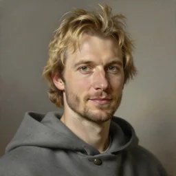 a clean shaven man aged 4 0 with tousled blonde hair and hazel eyes and a friendly expression. he is handsome and wearing a grey cloak. head and shoulders portrait painting by greg rutkowski