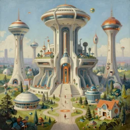 a beautiful painting of an elaborate utopian sci - fi scene painted by hr giger and bosch and lisa frank, mural in a fancy house, detailed, unreal engine, 4 k octane render, raytracing, volumetric lighting, epic, shadows, reflections, massive structures