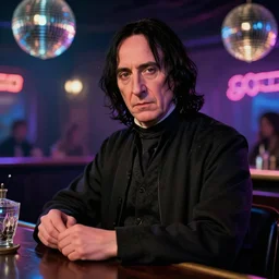 Severus Snape in a disco bar, neon lighting, very detailed, super realistic