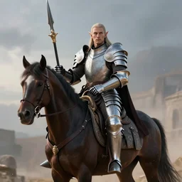 half elf paladin in full plate armor with spear and on horse