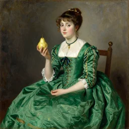 vintage beautiful painting of a queen in a green skirt holding a pear in Mary Cassatt style