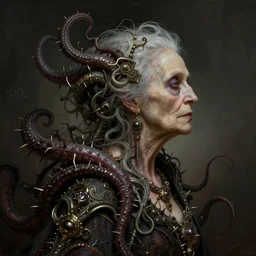 centered beautiful detailed side view profile portrait of a insane, crazed, mad old woman, ornate tentacles growing around, ornamentation, thorns, vines, tentacles, elegant, beautifully soft lit, full frame, by wayne barlowe, peter mohrbacher, kelly mckernan, h r giger