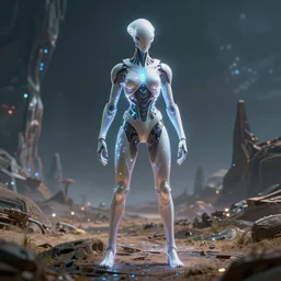 in a vast strange detailed alien landscape stands a humanoid alien made of glowing energy wearing sleek advanced but simple armor, dramatic lighting, 8 k cg render, trending on artstation
