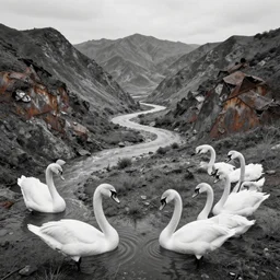 a large format black and white photograph of rusty mountains and rivers made of spiraling swans